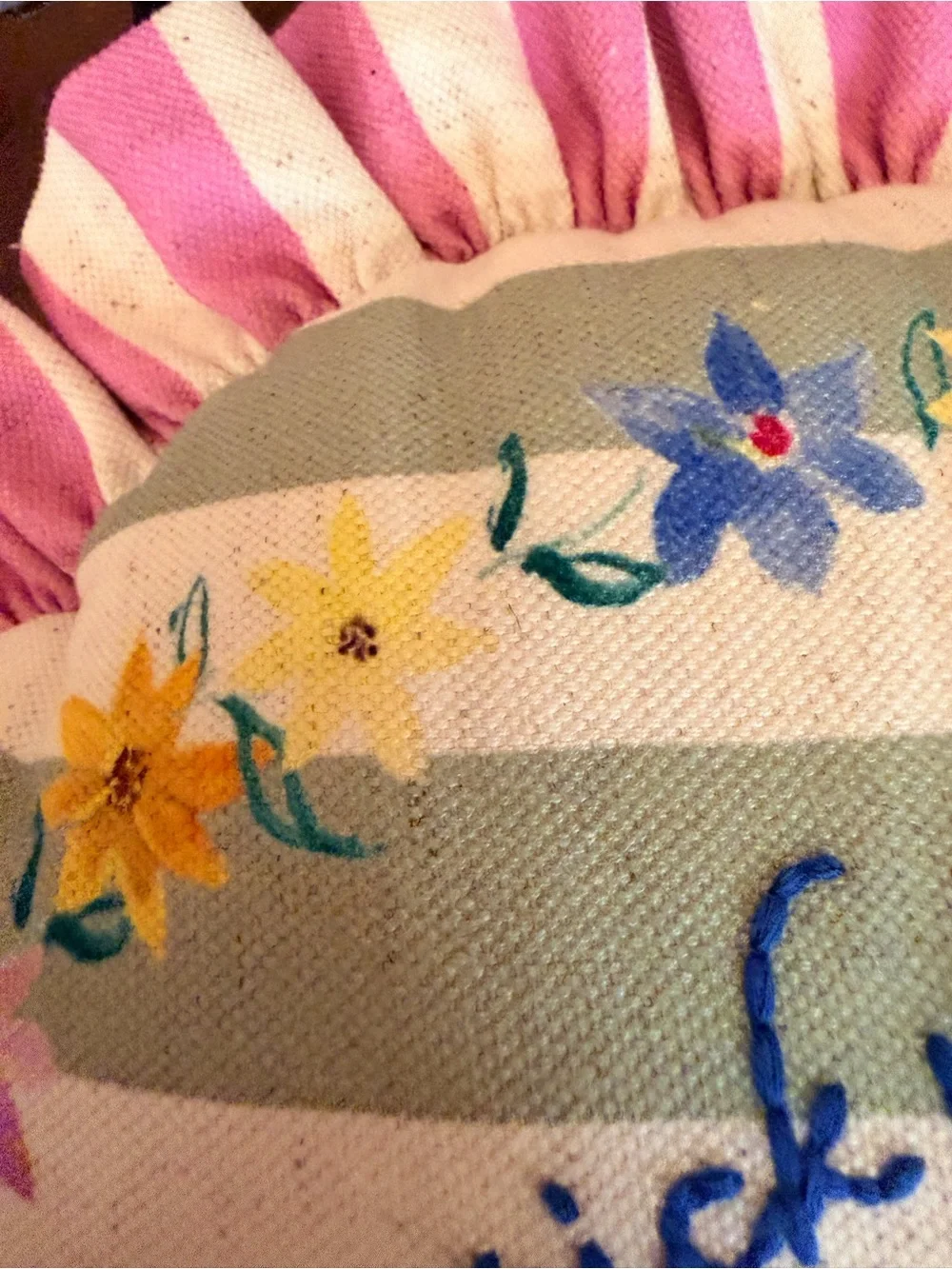 Anthropologie Floral Embroidered Round Pillow in Pink, Green, Yellow, Blue mom